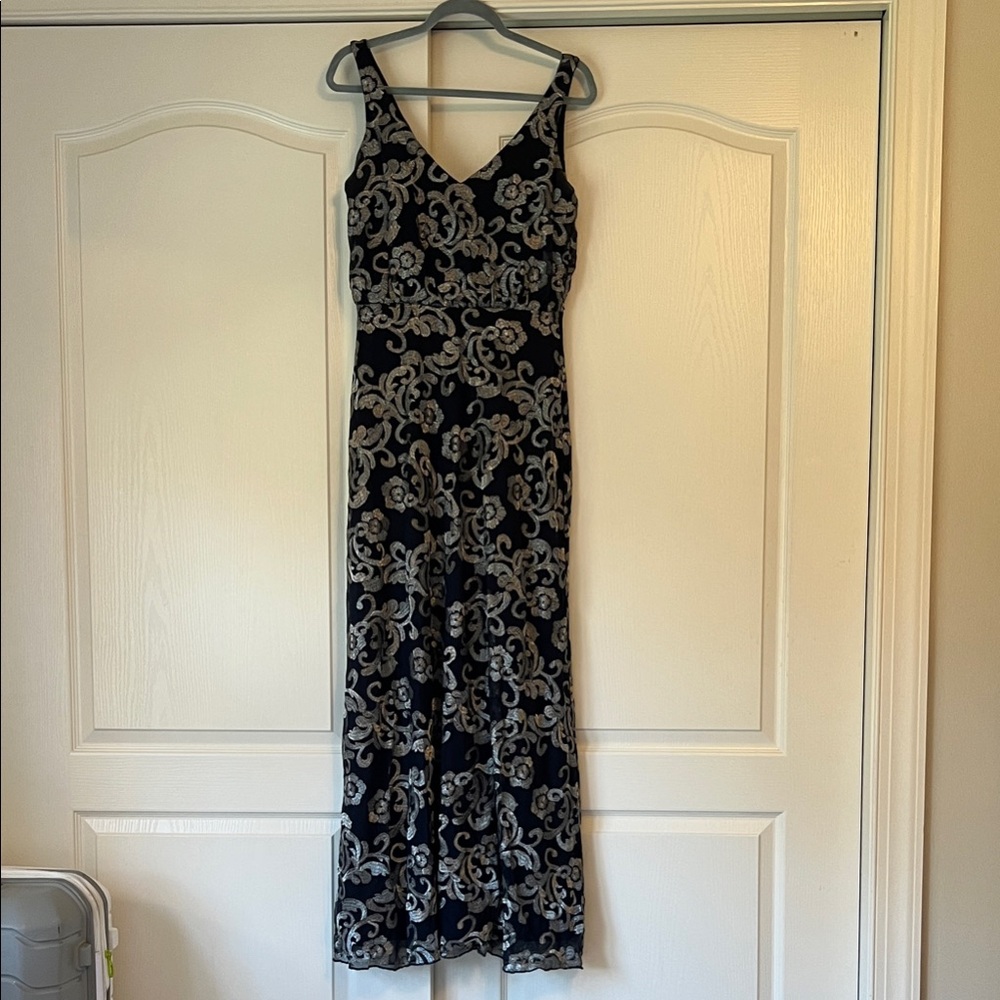 MARINA Navy and Gray Patterned Gown